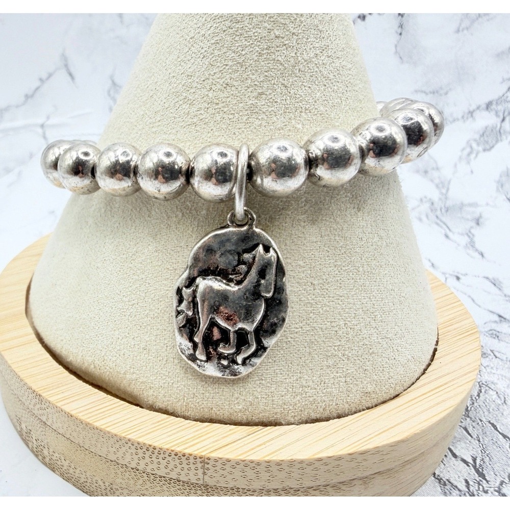 Silver Tone Beaded Stretch Bracelet Horse Charm 7.5" Western